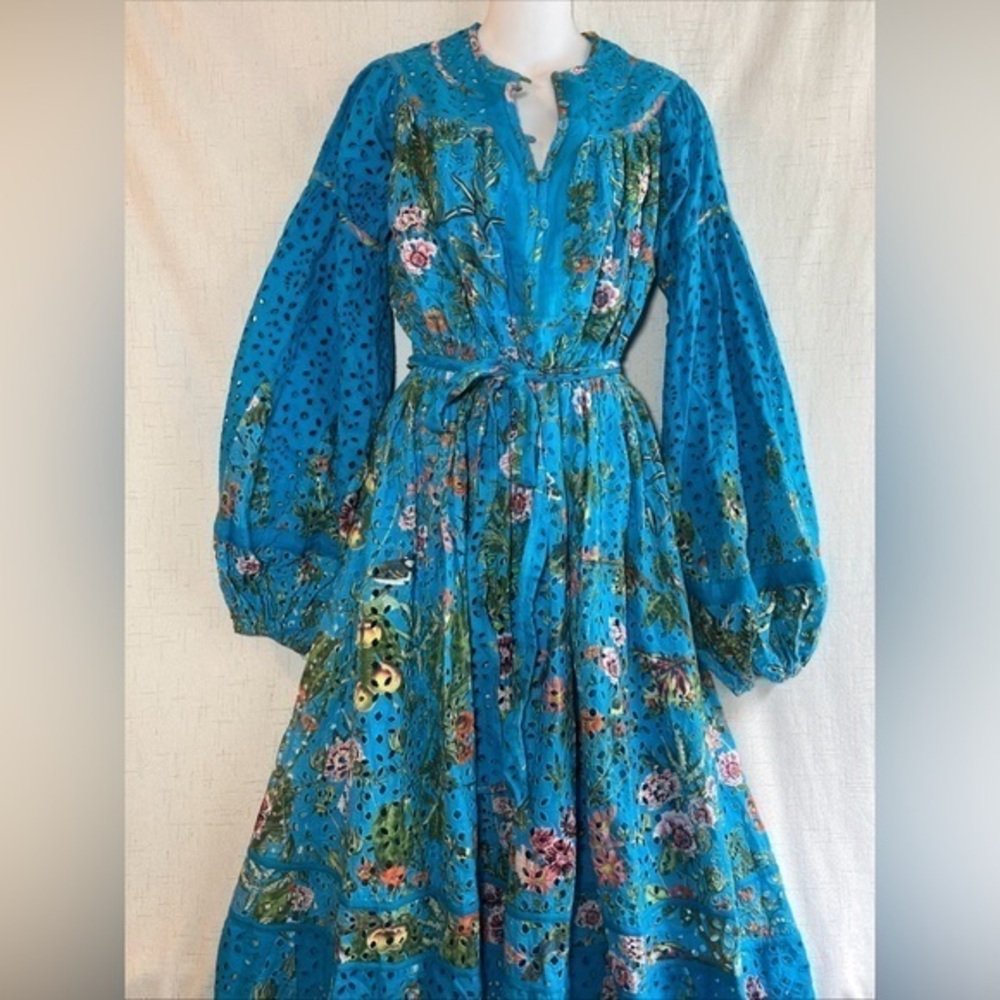NWT Just Bellina Boho Floral Eyelet Midi Dress in Turquoise S